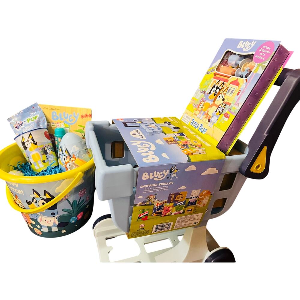 Bluey large Easter bundle shopping trolley includes some small  play groceries